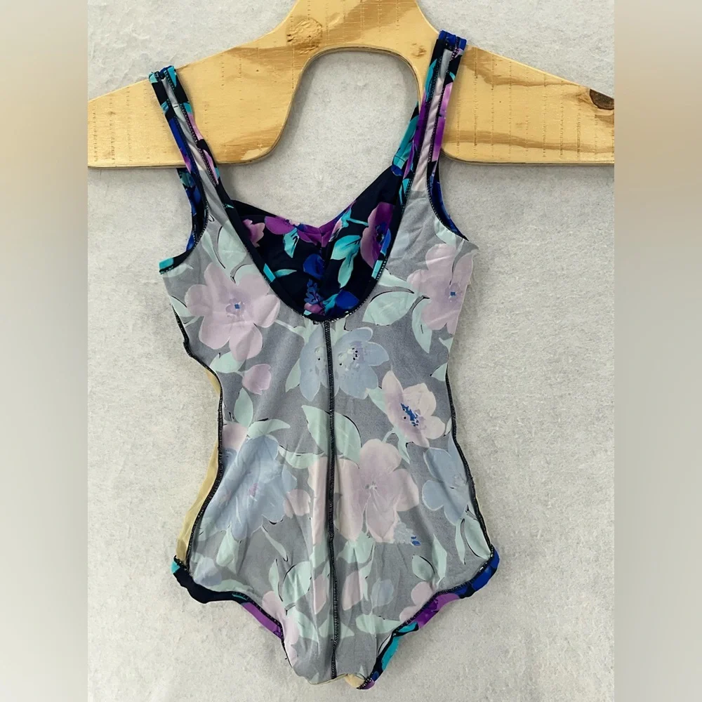 La Cove Swimsuit Floral Ruched‎ Front Purple Blue Black Size 12